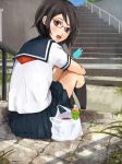  :o brown_eyes glasses looking_back mole original popsicle school_uniform serafuku shigureteki short_hair solo stairs sweat 