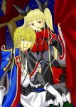  blazblue blonde_hair couple cross curtains dress gothic gothic_fashion green_eyes japanese_clothes jin_kisaragi military military_uniform rachel_alucard red_eyes ribbon twintails uniform 