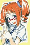  andou_chikanori bespectacled blue_eyes brown_hair bust glasses green_eyes idolmaster long_hair necktie open_mouth orange_hair rough_time_school school_uniform smile solo steepled_fingers takatsuki_yayoi twintails 