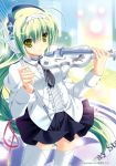  green_eyes green_hair higa_yukari highres instrument long_hair long_sleeves skirt solo thigh-highs thighhighs violin 