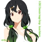  alternate_hairstyle black_hair brown_eyes bust cover hair_bobbles hair_ornament hairclip hand_on_chest hand_on_own_chest heart k-on! long_hair looking_at_viewer nakano_azusa nanao simple_background smile solo twintails 