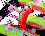  blonde_hair blue_eyes breasts cleavage dress earrings elicca female fishnets formal garters high_heels high_kick jewelry king_(snk) king_of_fighters long_gloves necklace red_dress ryuuko_no_ken shoes short_hair snk solo writing 