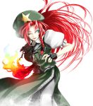  akihira_fujinohara blue_eyes braid china_dress chinese_clothes fingerless_gloves fire gloves hat hong_meiling long_hair red_hair redhead solo touhou twin_braids wink 