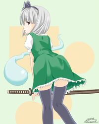  bob_cut from_behind gray_thighhighs hair_ribbon kisachi konpaku_youmu konpaku_youmu_(ghost) looking_back myon red_eyes ribbon short_hair silver_hair solo sword thigh-highs thighhighs touhou weapon zettai_ryouiki 