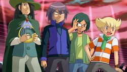  4boys blonde_hair cape green_hair hair_over_one_eye harp hat instrument jun_(pokemon) kouhei_(pokemon) male multiple_boys naoshi_(pokemon) pokemoa pokemon pokemon_(anime) pokemon_(game) pokemon_dppt poketch purple_hair shinji_(pokemon) watch wristwatch 