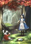  alice_(wonderland) american_mcgee&#039;s_alice american_mcgee's_alice apron blood blue_dress boots brown_hair butterfly clock cowering dress dress_lift forest grass green_eyes hairband inoi knife nature pantyhose rock scared striped striped_legwear striped_pantyhose tree water waterfall white_rabbit 