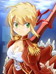  ahoge blonde_hair breasts cleavage dress epaulettes fate/extra fate/stay_night fate_(series) green_eyes hair_ribbon inui_(pixiv) ribbon saber_extra smile solo sword weapon 