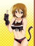  brown_eyes brown_hair cake cat_tail food food_on_face fork gloves k-on! kaiga paws smile swimsuit tail tainaka_ritsu 