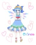  adapted_costume blue_eyes blue_hair bow character_name cirno dress hair_bow hat heart mashushu sandals short_hair solo touhou wings 
