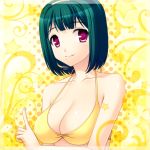  bikini breasts fujimiya_yuu green_hair hairband headset idolmaster mole otonashi_kotori red_eyes short_hair smile solo swimsuit 