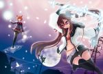  animal_ears belt bikini_top black_legwear blue_eyes butterfly cable dutch_angle energy_sword floating_hair flying full_moon glasses glowing headphones house juke katana long_hair magic_circle midriff moon multiple_girls navel night night_sky open_clothes open_shirt orange_hair original panties panties_under_pantyhose pantyhose petals pink_hair pole power_lines shirt short_hair shorts sky sword thigh-highs thigh_gap thighhighs twintails underwear very_long_hair weapon 