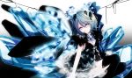  alternate_costume blue_eyes blue_hair boots bow cirno highres memai short_hair sitting solo thigh-highs thigh_boots thighhighs touhou wings 