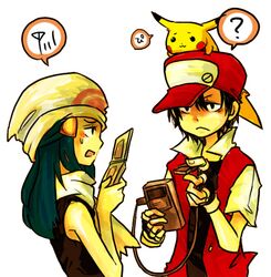  1boy 1girl :3 bare_shoulders baseball_cap beanie black_hair blue_hair female fingerless_gloves frown game_boy game_link_cable gloves hair_ornament hat hikari_(pokemon) link_cable long_hair male mekabu_(tomato324) nintendo_ds nintendo_gameboy open_mouth pikachu pokemon pokemon_(creature) pokemon_(game) popped_collar red_(pokemon) red_(pokemon)_(classic) scarf short_hair simple_background sweatdrop vest wireless 