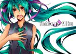  1girl angry bad_id bust detached_sleeves green_hair hair_ornament hair_ribbon hatsune_miku highres kirishino long_hair necktie open_mouth red_eyes ribbon solo twintails very_long_hair vocaloid 