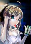  aqua_eyes bespectacled blonde_hair casual drink fate/stay_night fate/unlimited_codes fate_(series) food glasses hair_ribbon highres mikoto_(mio) ponytail ribbon saber saber_lily solo 
