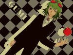  apple bad_id bokuto checkered dutch_angle food formal frown fruit genderswap goggles goggles_on_head green_eyes green_hair gumi head_tilt nail_polish pant_suit short_hair solo suit vocaloid 