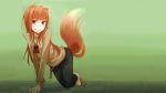   animal_ears barefoot green holo long_hair orange_hair red_eyes spice_and_wolf tail wolfgirl  