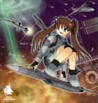  airplane brown_hair flying hair_ribbon jet long_hair mecha_musume mecha_to_identify military missile open_mouth pak_fa ribbon rpg russia solo twintails vjptox 