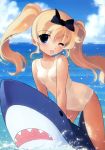  blonde_hair blue_eyes bow hair_bow highres jiji long_hair ocean one-piece_swimsuit school_swimsuit see-through shark swimsuit twintails wink 