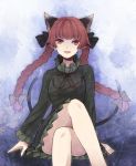  bow braid cat_ears cat_tail crossed_legs extra_ears hair_bow hair_ribbon kaenbyou_rin multiple_tails pointy_ears red_eyes red_hair redhead ribbon short_hair sitting tail touhou twin_braids twintails urin 