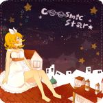  bad_id barefoot blonde_hair dress hair_ribbon kagamine_rin komine night night_sky open_mouth ribbon rooftop short_hair sitting sky smile solo star star_(sky) starry_sky vocaloid 