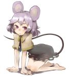  all_fours animal_ears barefoot grey_hair hands kneeling masha mouse_ears mouse_tail nazrin purple_eyes purple_hair red_eyes simple_background solo tail touhou violet_eyes 