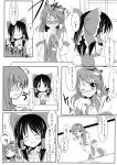  comic detached_sleeves frog hakurei_reimu highres japanese_clothes kochiya_sanae makino_(ukiuo) monochrome snake tea touhou translated 