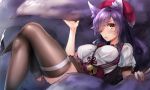  1girl ahri animal_ears bell black_legwear blush breasts crossed_legs fox_ears fox_tail hair_over_one_eye jingle_bell large_breasts league_of_legends long_hair looking_at_viewer multiple_tails naso4 open_mouth purple_hair solo tail thigh-highs yellow_eyes 