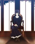  artist_request blue_hair book boots chair high_heels kuonji_alice mahou_tsukai_no_yoru shadow sitting solo tree window 