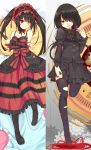  2girls beiyu black_hair black_legwear bow choker collarbone cross-laced_footwear date_a_live frills hairband heterochromia lolita_fashion lolita_hairband long_hair long_sleeves multiple_girls red_eyes smile thigh-highs tokisaki_kurumi torn_clothes twintails very_long_hair yellow_eyes 