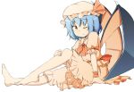  bad_id bangs barefoot bat_wings blue_hair bob_cut bow fang feet hat legs looking_at_viewer red_eyes remilia_scarlet ribbon short_sleeves simple_background sitting skirt solo toes touhou white wings wink wrist_cuffs yasunao 