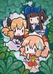  blue_ribbon blurry chibi chikuwabu depth_of_field fairy hair_ribbon hand_over_mouth hat highres luna_child multiple_girls open_mouth plant ribbon smile smirk star_sapphire sunny_milk sweatdrop touhou tree wings 