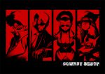  bad_id blush_stickers breasts cigarette cleavage column_lineup cowboy_bebop dog edward_wong_hau_pepelu_tivrusky_iv ein_(cowboy_bebop) faye_valentine hairband jet_black red spike_spiegel sunglasses 