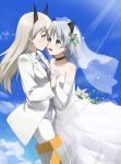  animal_ears bare_shoulders blonde_hair blue_eyes blush bridal_veil bride cat_ears dress eila_ilmatar_juutilainen elbow_gloves eye_contact flower formal fox_ears gloves green_eyes groom holding_hands long_hair multiple_girls mutual_yuri necktie pant_suit pantyhose sanya_v_litvyak short_hair silver_hair smile strike_witches striker_unit striker_units suit tears veil wedding wedding_dress white_legwear white_pantyhose youkan yuri 