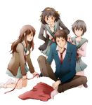  1boy 3girls asahina_mikuru cardigan christmas_stocking hiko kyon multiple_girls nagato_yuki school_uniform serafuku suzumiya_haruhi suzumiya_haruhi_no_yuuutsu 