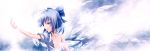  blue_eyes blue_hair bow cirno collarbone flat_chest hair_bow highres off_shoulder open_clothes open_shirt shirt short_hair solo torn_clothes touhou uraomote wings 