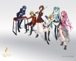  4girls album_cover aqua_eyes aqua_hair bare_shoulders blonde_hair blue_eyes blue_hair boots bow bracelet brother_and_sister brown_hair chair collar detached_sleeves dress formal green_eyes green_hair hair_ornament hair_ribbon hairband hairclip hand_on_hip hatsune_miku headphones headset high_heels instrument jacket jewelry kagamine_len kagamine_rin kaito keyboard keyboard_(instrument) leaning leaning_forward leg_band legs long_hair looking_back megurine_luka meiko microphone multiple_boys multiple_girls navel necktie open_mouth pink_hair ponytail redjuice ribbon shoes short_hair siblings sitting skirt sleeveless_shirt smile suit thigh_boots thighhighs track_jacket twins twintails very_long_hair violin vocaloanthems vocaloid wallpaper watch zettai_ryouiki 