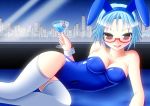   animal_ears blue rabbit_ears bunnygirl city cleavage drink glasses red_eyes thigh-highs  