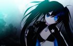  bikini_top black_hair black_rock_shooter black_rock_shooter_(character) blue_flame chain star tree twintails 