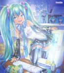  aqua_hair bad_id black_rock_shooter_(character) computer_keyboard detached_sleeves hatsune_miku keyboard mayo_riyo screen sparkle through_screen traditional_media twintails vocaloid 