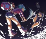  baseball_bat battle blonde_hair blue_hair door fighting goggles inline_skates katana kinuko_(fever_chill) multiple_girls ramona_flowers ramona_v_flowers roller_skates roxanne_richter scott_pilgrim scott_pilgrim_(series) scott_w_pilgrim short_hair shorts skates sword weapon 