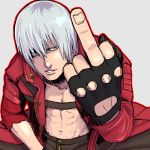  1boy abs artist_request beltbra blue_eyes dante devil_may_cry fingerless_gloves gloves jacket middle_finger open_clothes open_jacket red_jacket shirtless short_hair solo white_hair 