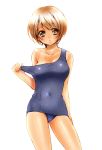  brown_hair chomo_(momo0730) highres one-piece_swimsuit original school_swimsuit short_hair solo swimsuit swimsuit_pull tan tanline 
