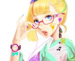  bad_id bangs bespectacled blonde_hair blue_eyes blunt_bangs bracelet earbuds earrings eyelashes face facepaint fancy_glasses glasses heart highlights jewelry kagamine_rin lips lipstick minami_haruya musical_note nail_polish simple_background star striped vocaloid watch wristwatch 