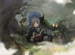  bird blue_eyes book bottle braid child freckles grass grey_hair hat highres hong hong_yun_ji open_mouth owl sitting tree witch witch_hat 