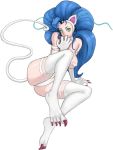  blue_hair breasts cat_ears cat_tail felicia green_eyes long_hair solo tail thighhighs vampire_(game) 