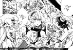  alice_margatroid book closed_eyes coughing doll kirisame_marisa monochrome multiple_girls patchouli_knowledge reading tairi touhou translated 