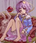  ama-tou bare_legs barefoot bloomers chin_rest couch eyeball feet hairband heart highres komeiji_satori legs purple_eyes purple_hair short_hair sitting solo stuffed_animal stuffed_bunny stuffed_toy third_eye touhou work_in_progress 