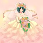  breasts bridal_veil bride cleavage dress flower gown green_hair highres idolmaster maiko_(yoshida308) otonashi_kotori red_eyes short_hair veil wedding_dress 