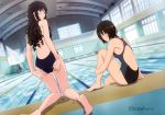  absurdres adjusting_swimsuit amagami ass barefoot black_hair blue_eyes blush competition_swimsuit detexted dutch_angle feet highres kneeling legs long_hair looking_back megami morishima_haruka multiple_girls nanasaki_ai official_art one-piece_swimsuit pool poolside short_hair swimsuit tachikawa_seiji water wet 